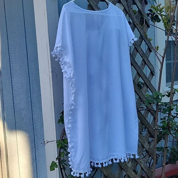 🦋YINKRA White Chiffon Slip on SWIMWUIT COVER-UP round neckline tassles size 8 - Picture 4 of 9